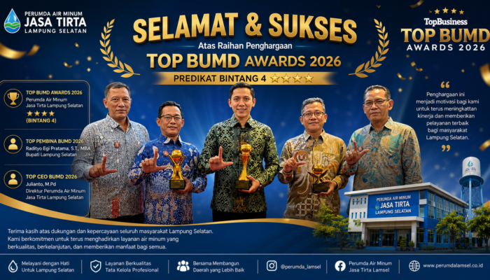 Perumda Air Minum Jasa Tirta Lampung Selatan Raih Penghargaan Bintang 4 pada Top BUMD Awards 2026
