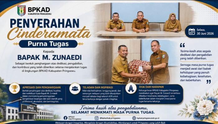 BPKAD Kabupaten Pringsewu Gelar Penyerahan Cinderamata Purna Tugas kepada M. Zunaedi sebagai Bentuk Apresiasi atas Dedikasi dan Pengabdian